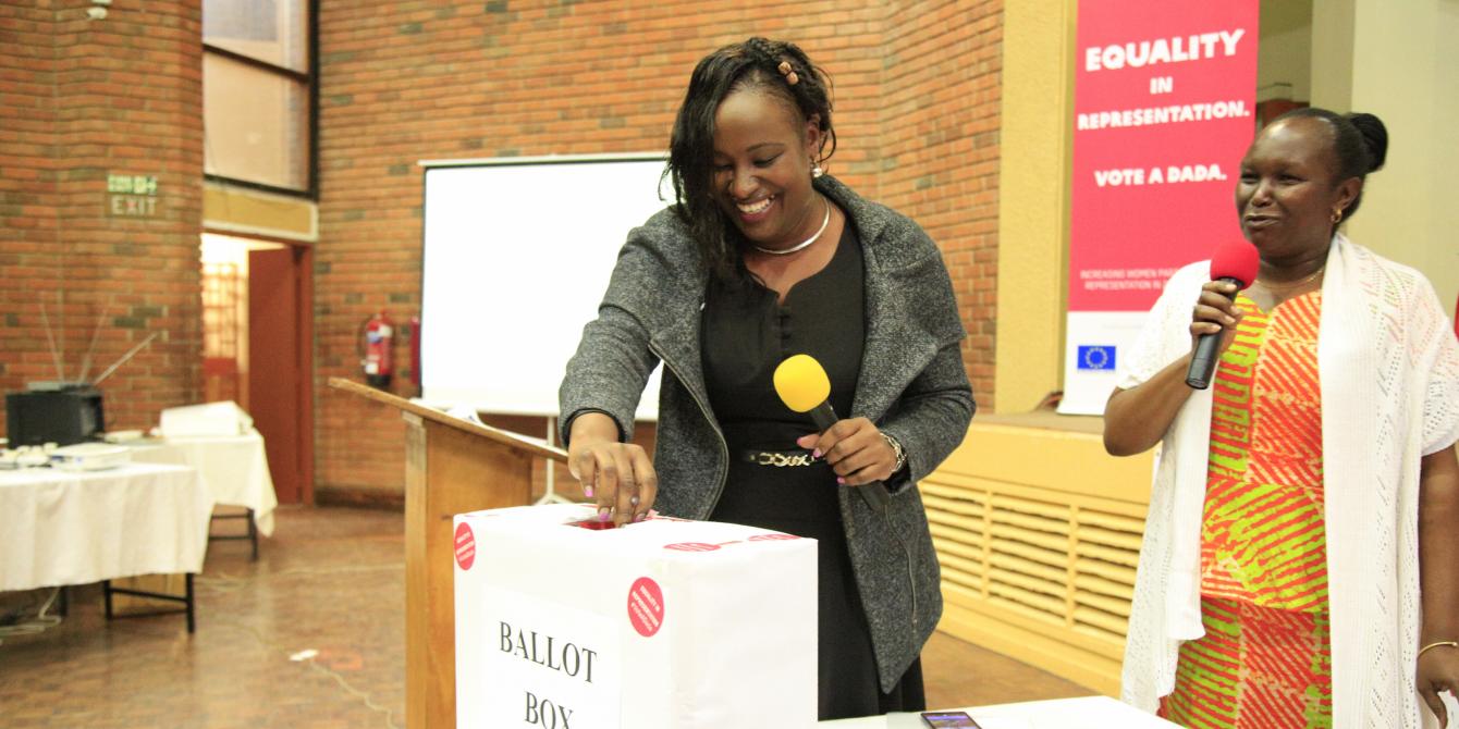 Tabitha Nyambura of NGEC and Elizabeth Mueni Oxfam during the launch of the #VoteADada campaign. Photo Credit: Solomon Kihara Tabitha Nyambura of NGEC and Elizabeth Mueni Oxfam during the launch of the #VoteADada campaign. Photo Credit: Solomon Kihara